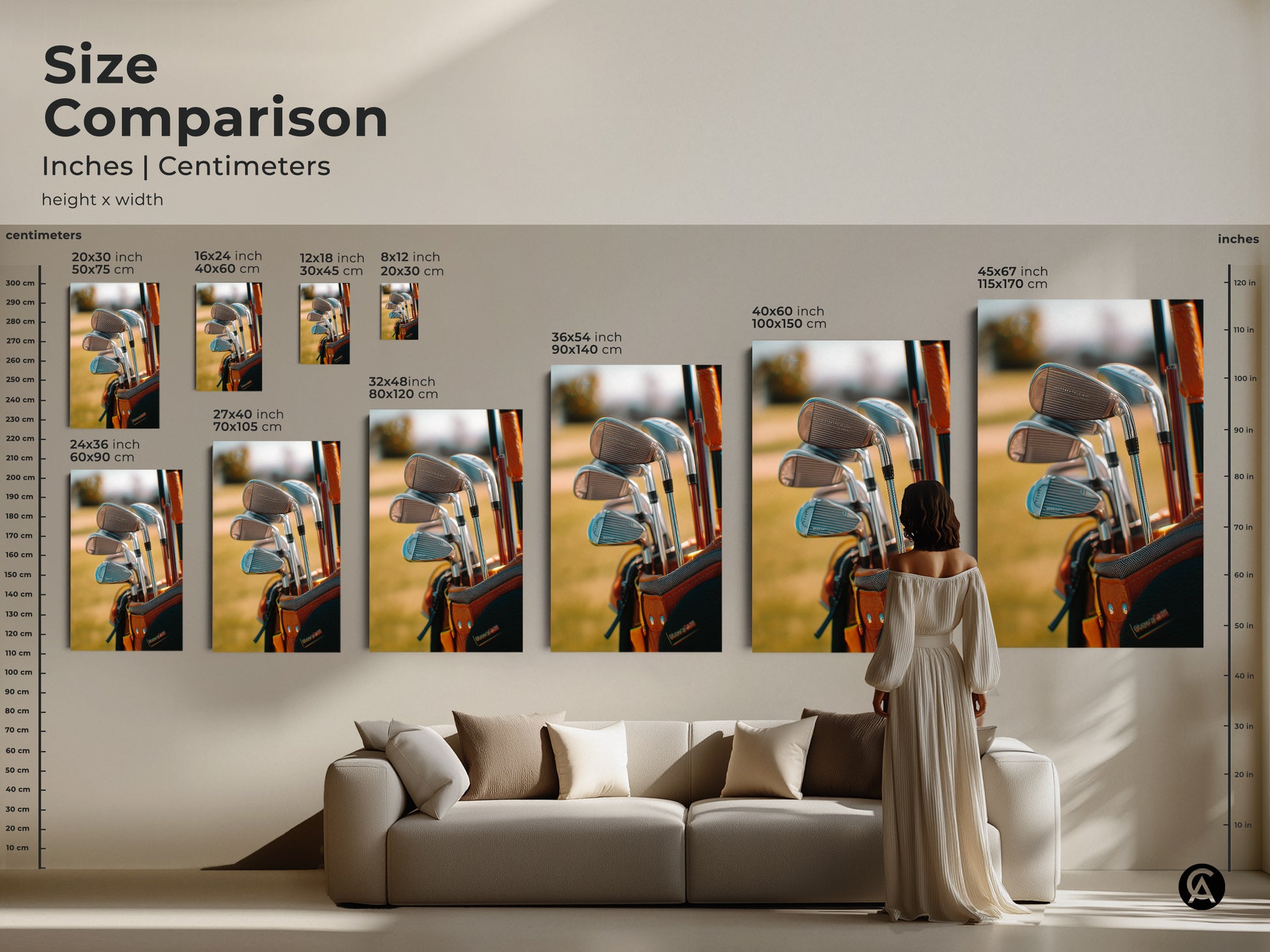 Size comparison of golf equipment artwork. Inches and centimeters height by width. A woman stands in front of a couch with various sizes of the artwork. Buy golf art today.