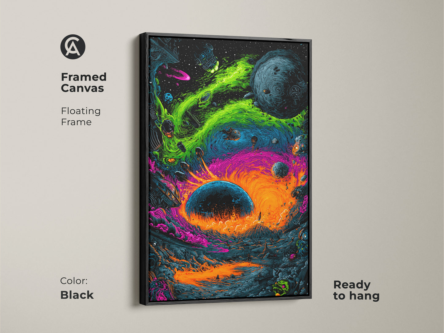 Enhance your decor with this framed canvas art print. The black floating frame adds a touch of sophistication. This artwork features a vibrant space scene with an alien landscape. Ready to hang this piece brings cosmic wonder to your living space. The black frame complements the art.
