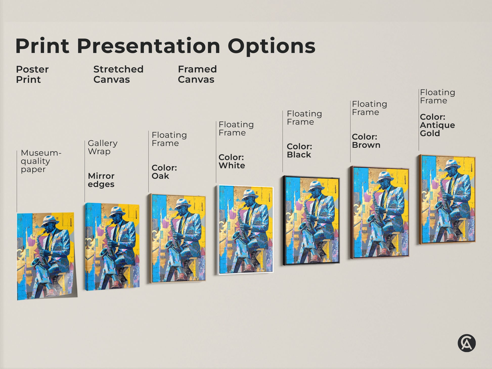 Explore print presentation options for jazz art. Choose from poster prints stretched canvas and framed canvas. Various floating frame colors available. Find the perfect style to showcase this saxophone player art.