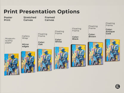 Explore print presentation options for jazz art. Choose from poster prints stretched canvas and framed canvas. Various floating frame colors available. Find the perfect style to showcase this saxophone player art.