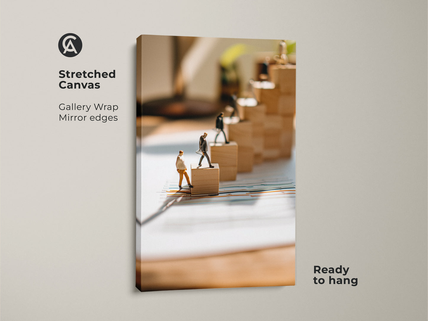 This stretched canvas features miniature figures climbing wooden blocks gallery wrapped with mirror edges. This office wall art symbolizes progress. The conceptual business print is a motivational piece for any ambitious professional. It's ready to hang.