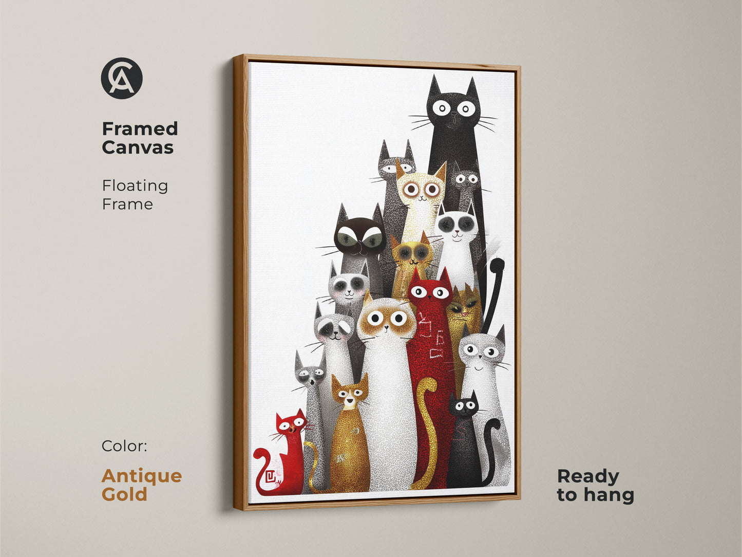 Framed canvas displays eclectic cat artwork with a floating antique gold frame. This black white and red animal art is ready to hang perfect for cat lovers. The unique feline home decor makes a thoughtful gift for cat moms and dads adding a touch of color and charm.