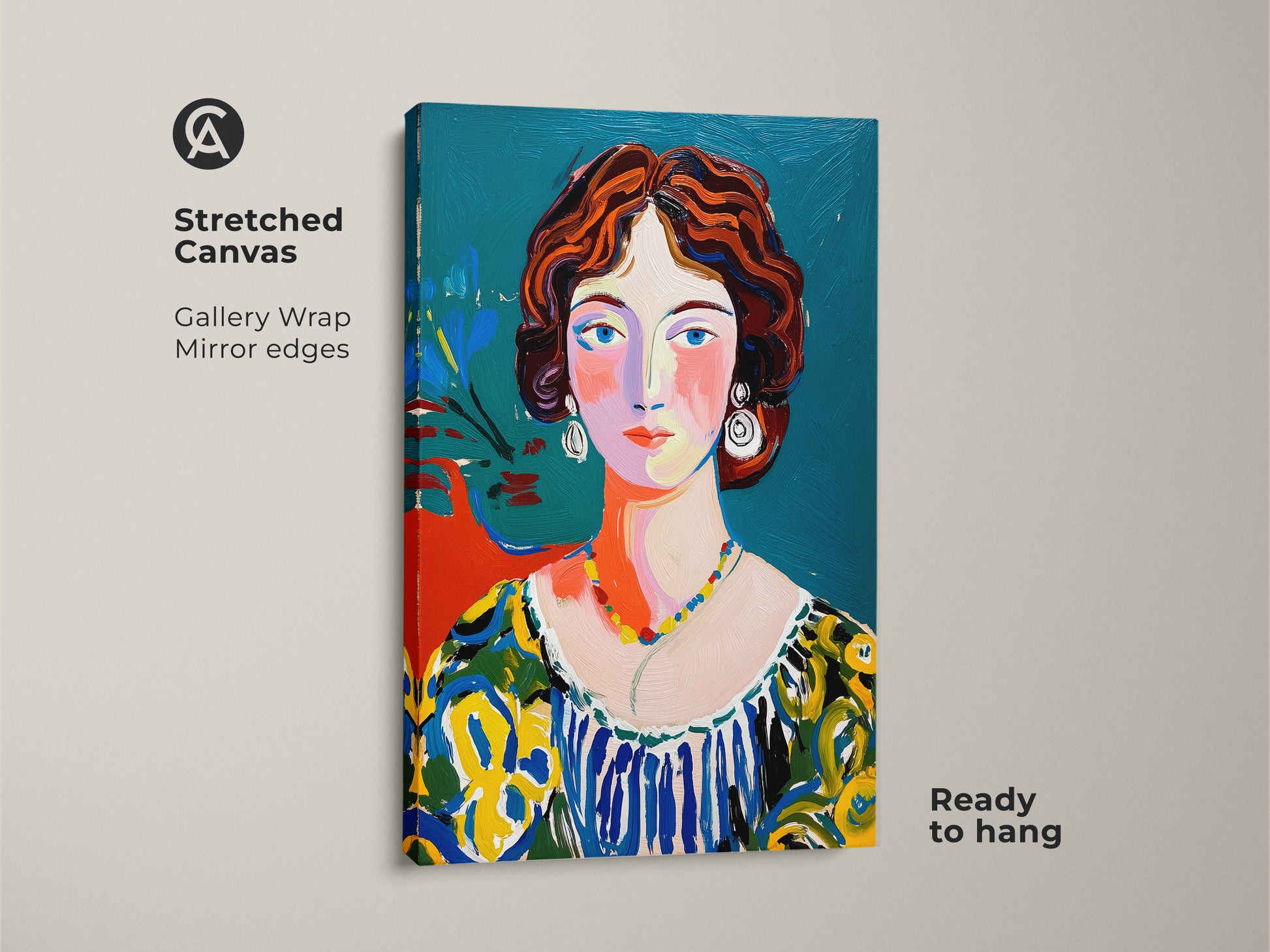 Stretched canvas art featuring a woman's portrait. This gallery wrapped artwork has mirrored edges. The vibrant painting is ready to hang. It showcases a modern art style. The woman has red hair and a colorful dress. A unique piece for home decor.