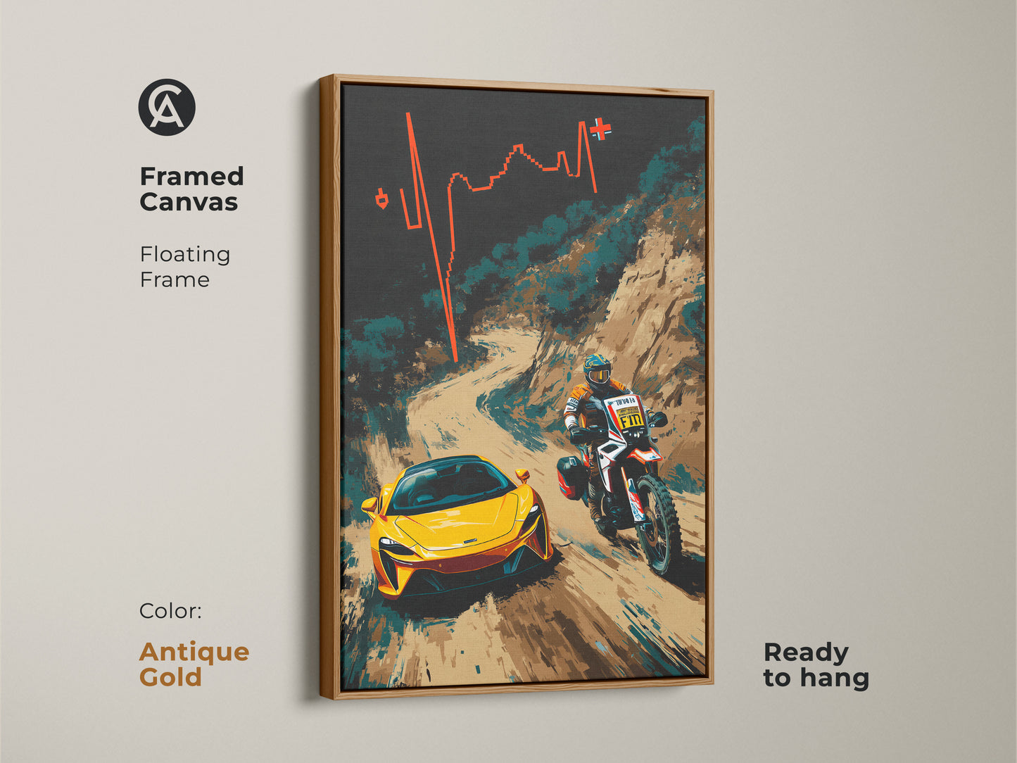 Transform your space with this framed canvas art. The antique gold floating frame highlights this abstract motorcycle art. A vibrant yellow sports car leads a dynamic dirt bike rider. Ready to hang this piece brings warmth and style to any room. It is an excellent gift for F1 fans and motorsport enthusiasts. Add this timeless piece to your collection