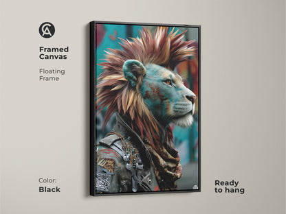 Framed Canvas featuring punk rock lion art. This Mohawk King wall art is in a floating black frame and ready to hang. Red and teal animal poster creates a unique bedroom art piece or edgy home interior. Perfect eclectic man cave decor.