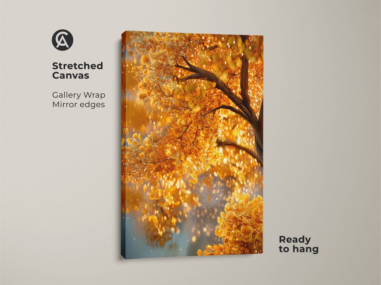 Stretched canvas print of a golden tree. This gallery wrapped canvas features mirror edges. The shimmering gold leaves bring warmth to any space. The artwork comes ready to hang for easy installation.