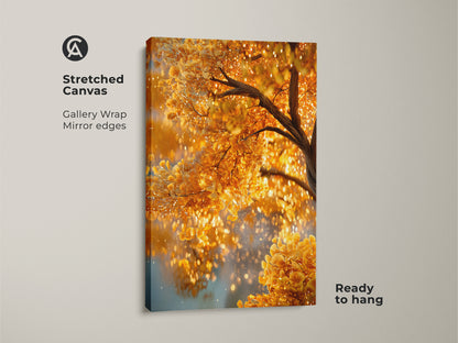Stretched canvas print of a golden tree. This gallery wrapped canvas features mirror edges. The shimmering gold leaves bring warmth to any space. The artwork comes ready to hang for easy installation.