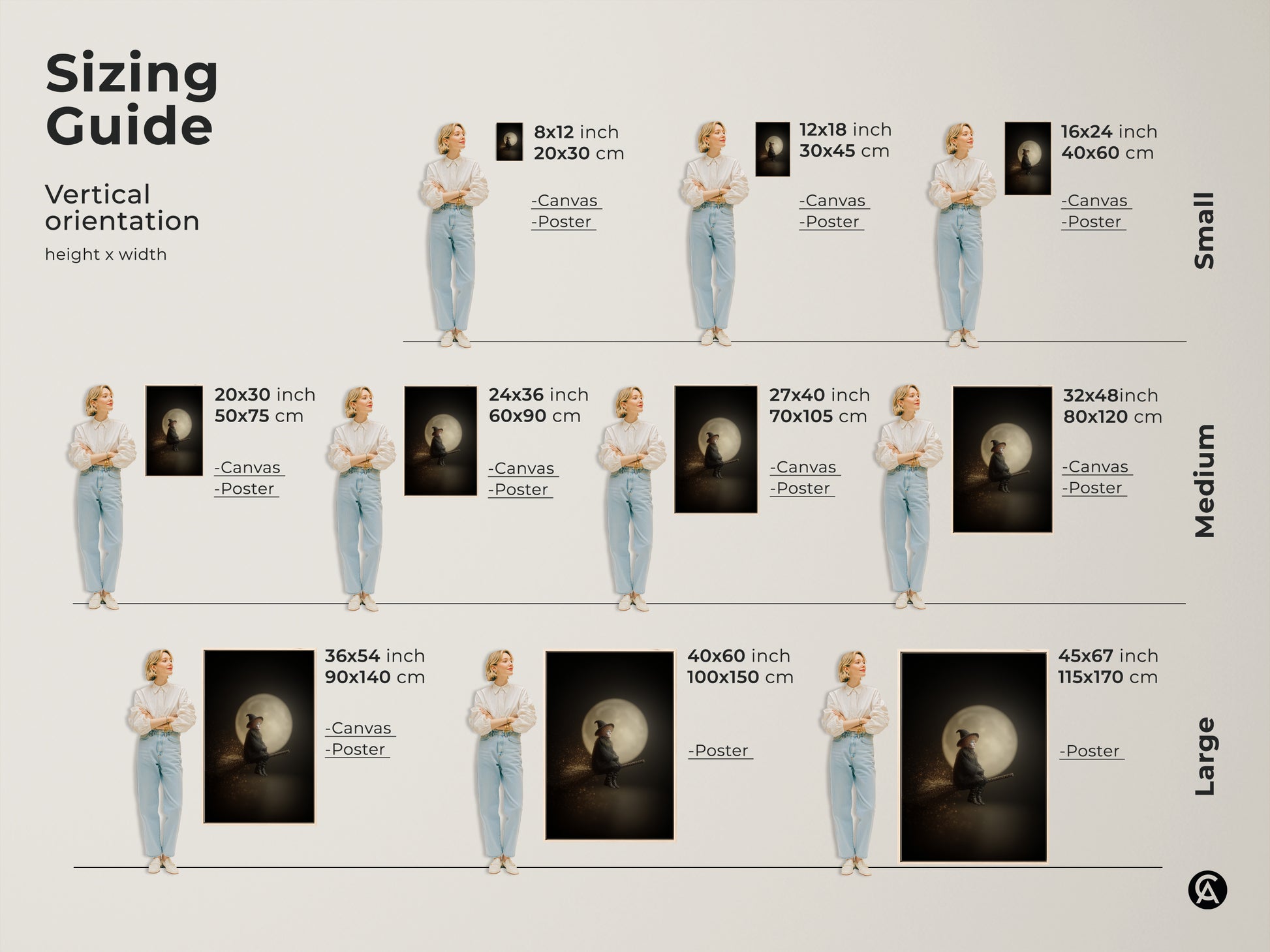 Sizing guide for witch on broomstick vertical artwork. Available as canvas or poster in small medium and large sizes. Find the perfect fit for your space. Gothic moon wall decor for Halloween or dark academia style. Black and gold fantasy art for witchy aesthetics.