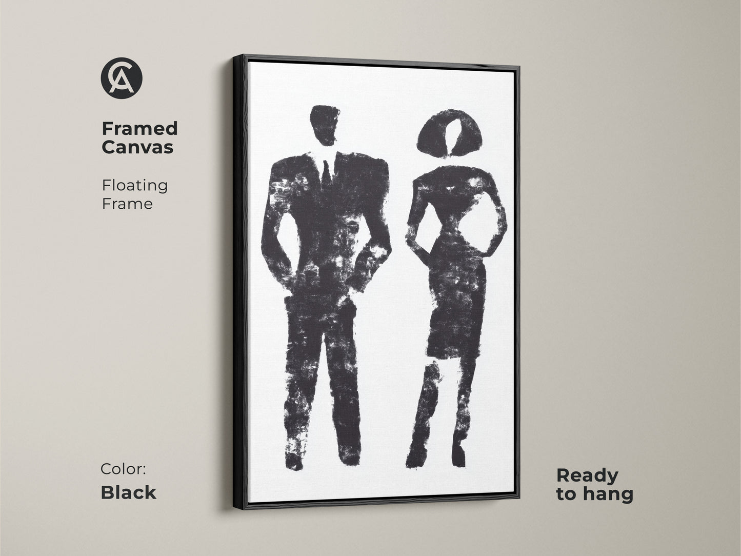 Minimalist black and white abstract art print displayed in a modern office setting. The contemporary figurative artwork of a man and woman adds a sophisticated touch. Perfect as a business gift or office decor.