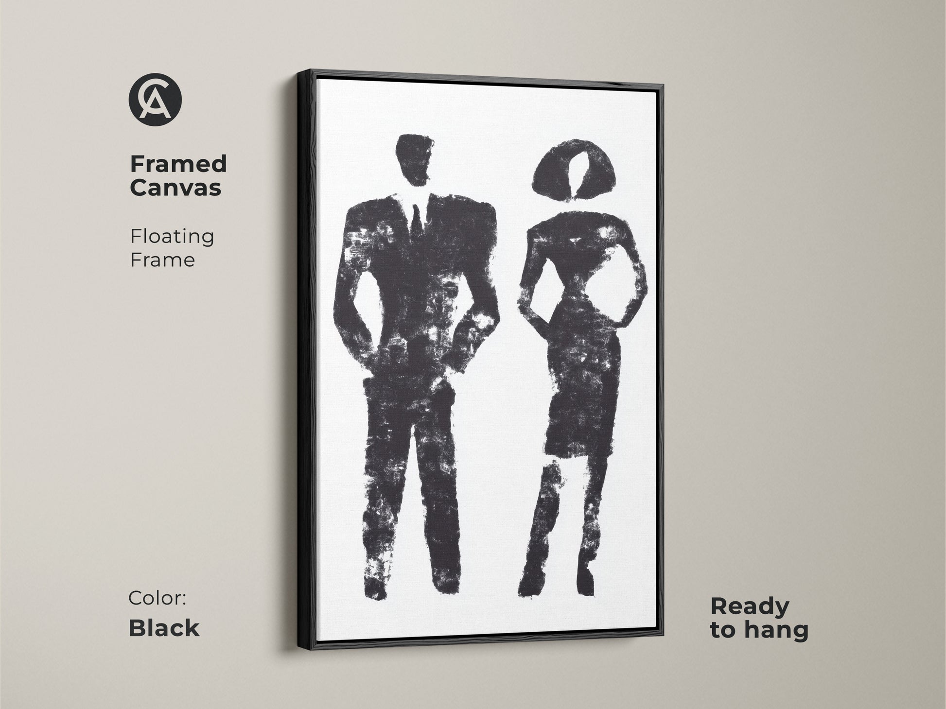 Minimalist black and white abstract art print displayed in a modern office setting. The contemporary figurative artwork of a man and woman adds a sophisticated touch. Perfect as a business gift or office decor.