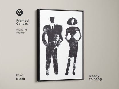Minimalist black and white abstract art print displayed in a modern office setting. The contemporary figurative artwork of a man and woman adds a sophisticated touch. Perfect as a business gift or office decor.