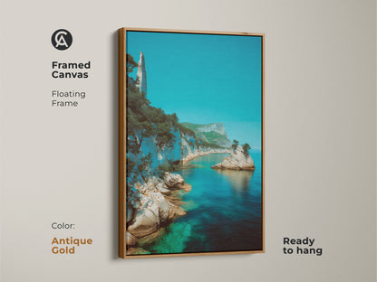 Brighten your space with this framed Azure Ocean Cliff Canvas in antique gold. The floating frame complements a turquoise coastal landscape. This ready-to-hang seaside print adds elegance to your home. Gift this nature-inspired artwork to beach lovers for a touch of coastal bliss.