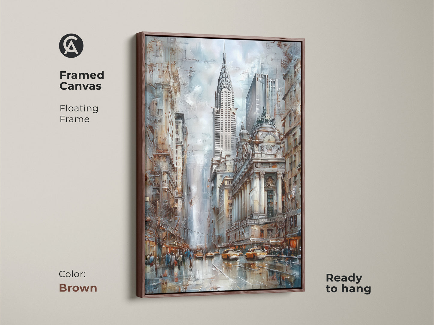 Framed canvas art showcasing the iconic Chrysler Building and NYC skyline. The contemporary city art is set in a brown floating frame. This blue and brown cityscape art is perfect for a modern apartment. The art piece is ready to hang.