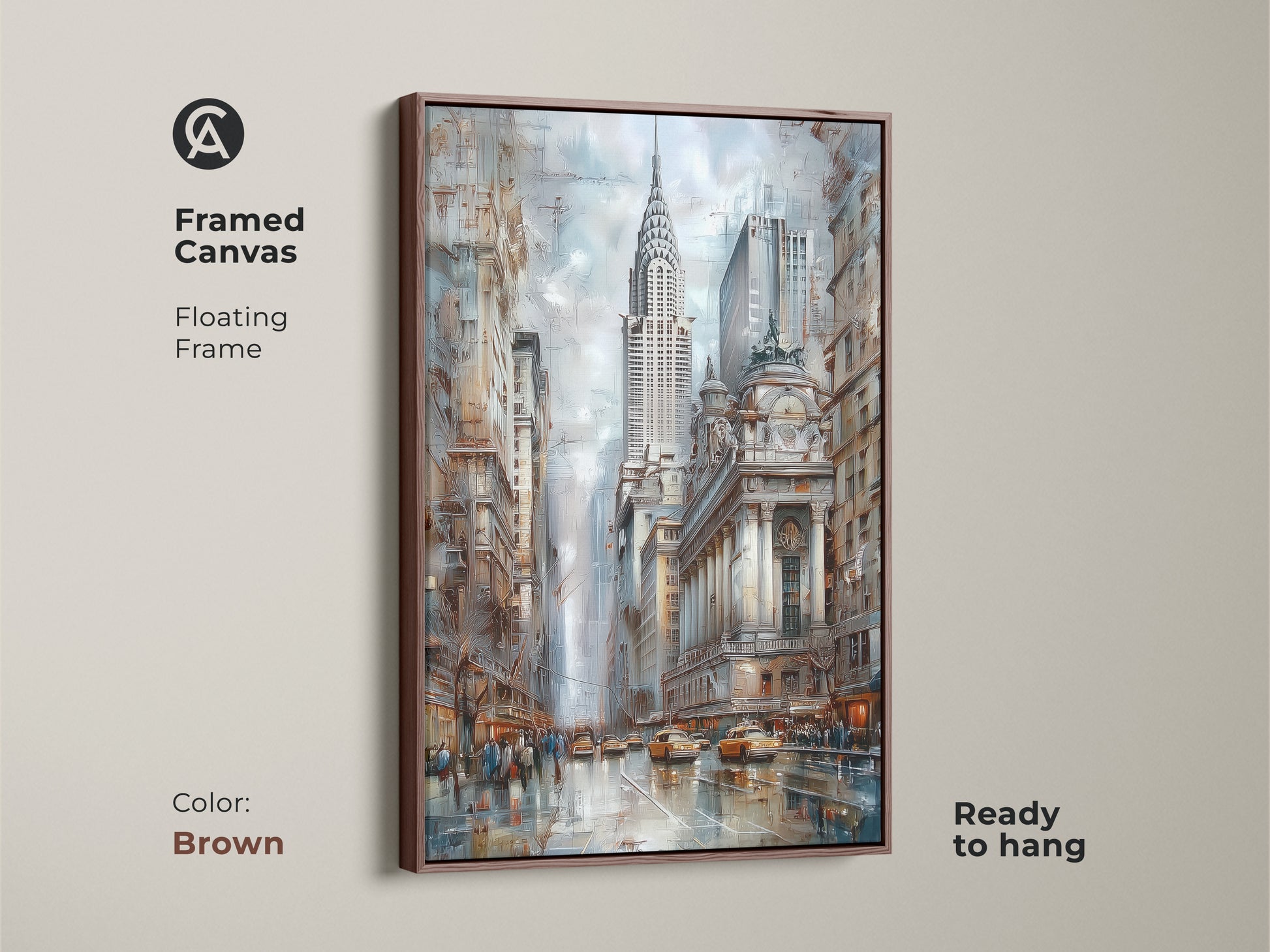Framed canvas art showcasing the iconic Chrysler Building and NYC skyline. The contemporary city art is set in a brown floating frame. This blue and brown cityscape art is perfect for a modern apartment. The art piece is ready to hang.