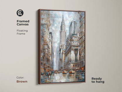 Framed canvas art showcasing the iconic Chrysler Building and NYC skyline. The contemporary city art is set in a brown floating frame. This blue and brown cityscape art is perfect for a modern apartment. The art piece is ready to hang.