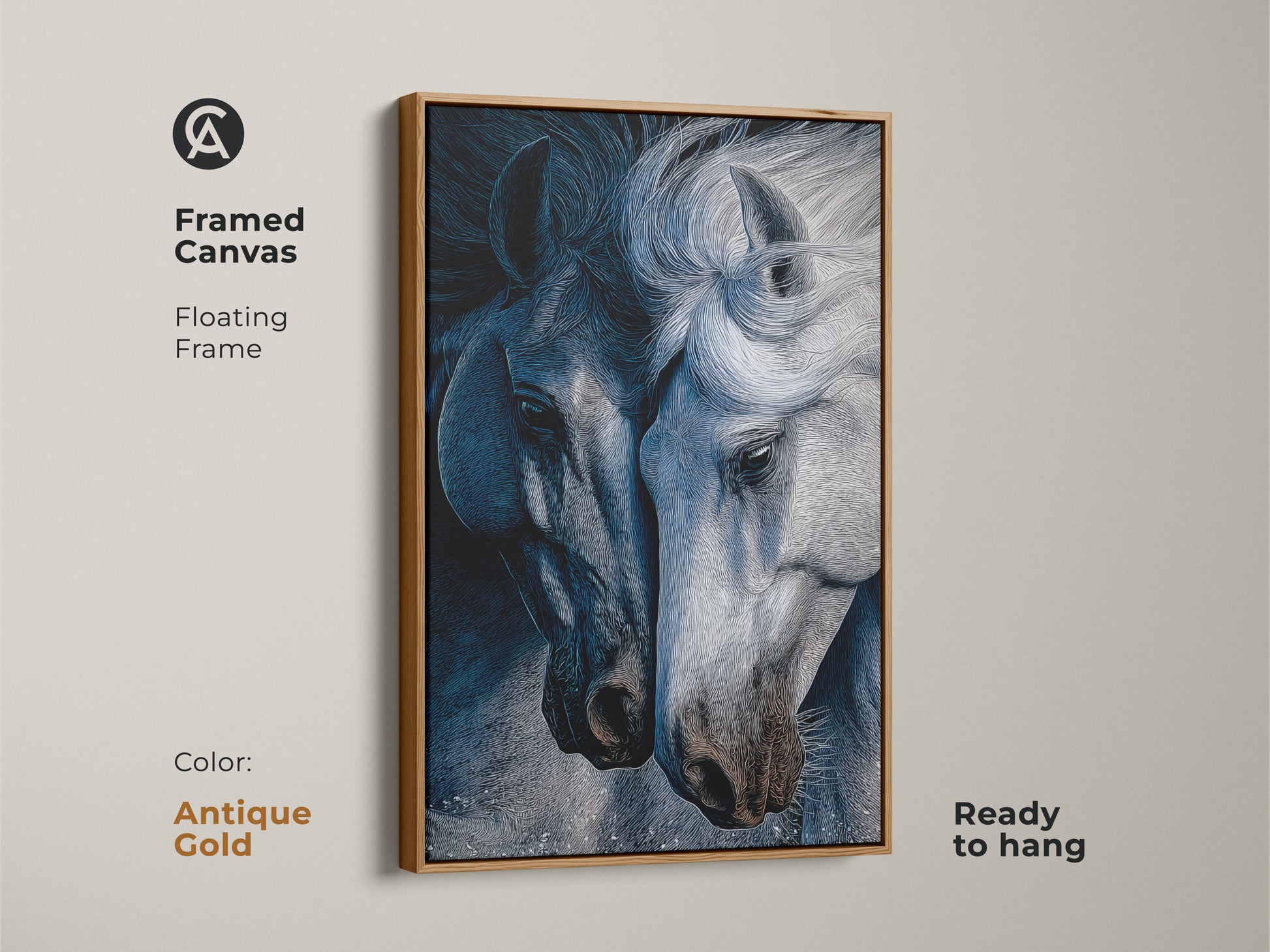 Framed canvas in antique gold featuring indigo horse line art. The contemporary horse print is ready to hang. This animal line art wall decor adds a sophisticated touch. It's ideal as bedroom horse decor. The blue gray art print serves as a captivating focal point. Perfect as a gift for horse enthusiasts or as housewarming canvas art.