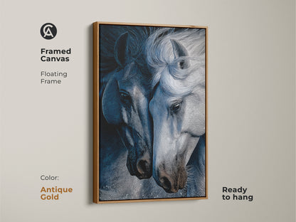 Framed canvas in antique gold featuring indigo horse line art. The contemporary horse print is ready to hang. This animal line art wall decor adds a sophisticated touch. It's ideal as bedroom horse decor. The blue gray art print serves as a captivating focal point. Perfect as a gift for horse enthusiasts or as housewarming canvas art.