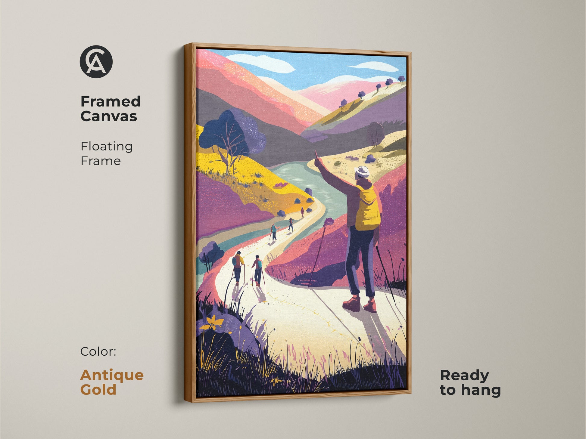 Framed canvas showcasing a modern folk art print. Mountain landscape wall art with an antique gold floating frame. The hikers are depicted in yellow and purple. Adventure travel decor is ready to hang. Its colorful scenic artwork brings a unique touch.