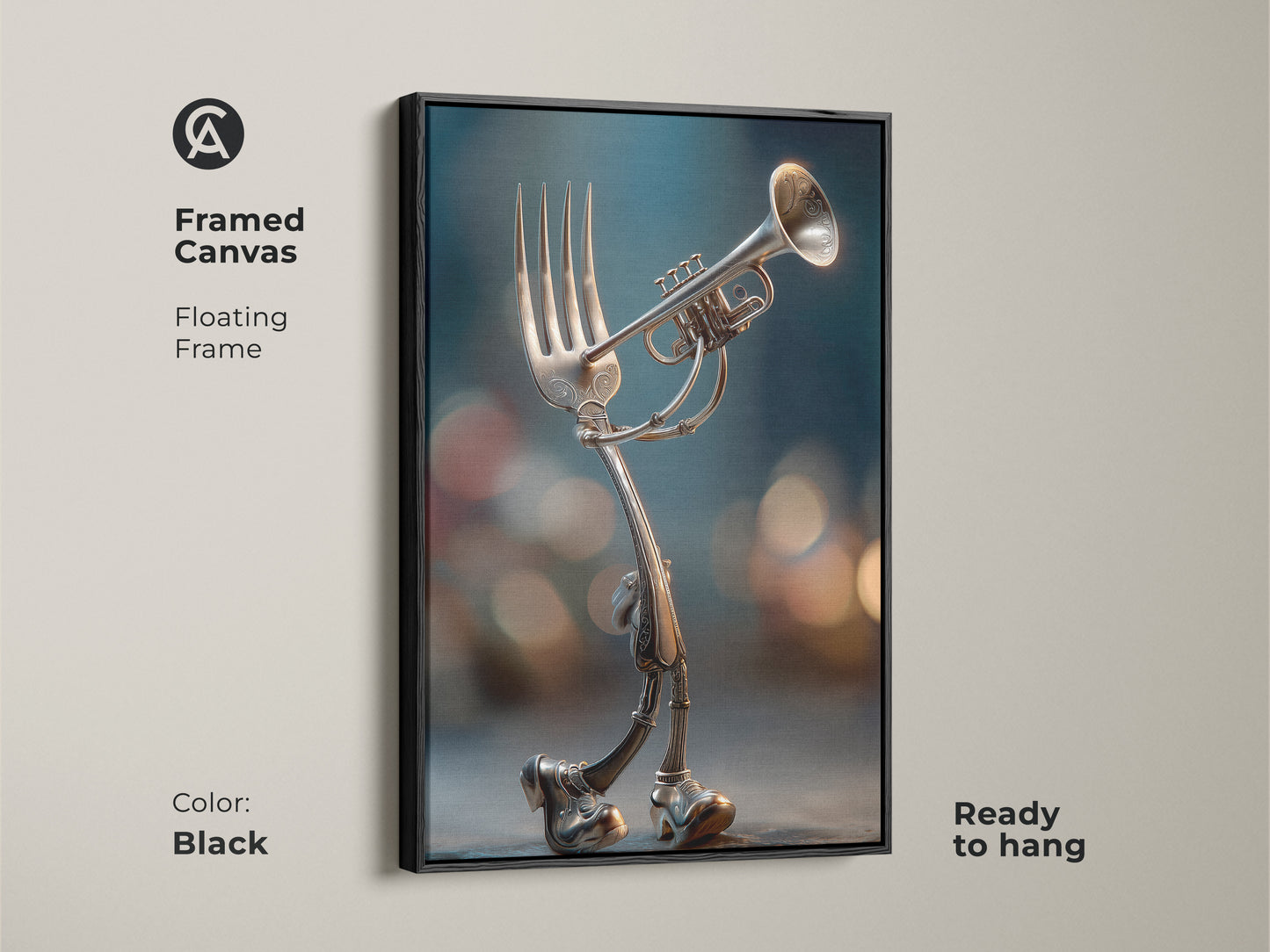 Framed canvas artwork displays a fork with legs playing a trumpet. This floating frame comes in black. Ready to hang and adds a surreal touch to your decor. Perfect for music lovers and art collectors. Order now.