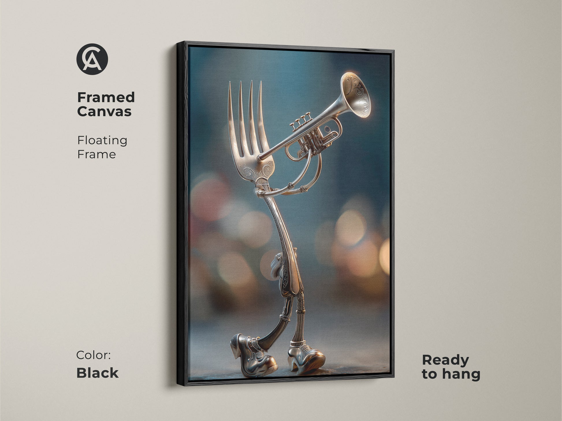 Framed canvas artwork displays a fork with legs playing a trumpet. This floating frame comes in black. Ready to hang and adds a surreal touch to your decor. Perfect for music lovers and art collectors. Order now.