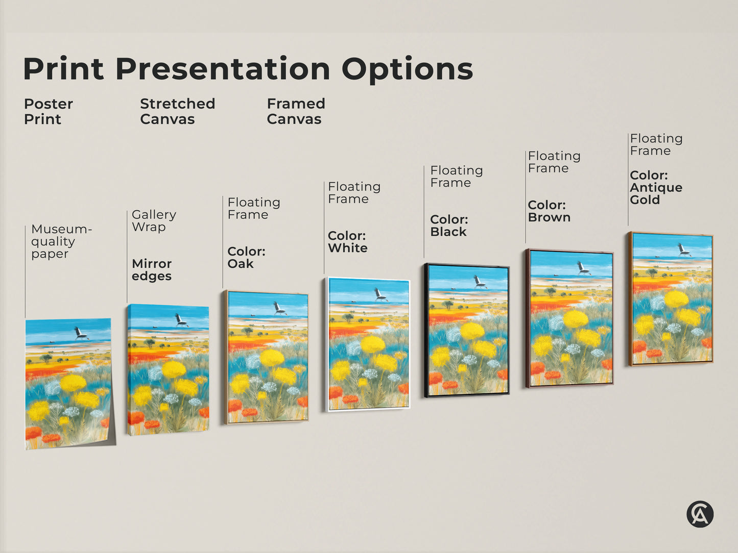 Explore print presentation options. Poster prints stretched canvases and framed canvases are available. Choose museum-quality paper gallery wrap or floating frames in various colors. Find the perfect boho crane landscape to match your style. Enhance your nature-inspired decor.