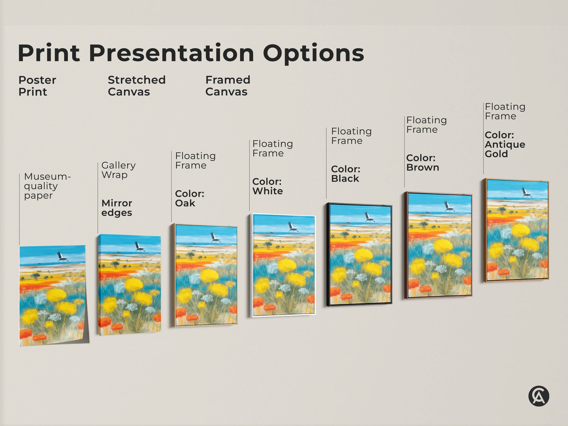 Explore print presentation options. Poster prints stretched canvases and framed canvases are available. Choose museum-quality paper gallery wrap or floating frames in various colors. Find the perfect boho crane landscape to match your style. Enhance your nature-inspired decor.
