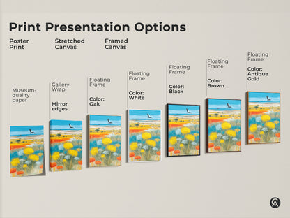 Explore print presentation options. Poster prints stretched canvases and framed canvases are available. Choose museum-quality paper gallery wrap or floating frames in various colors. Find the perfect boho crane landscape to match your style. Enhance your nature-inspired decor.