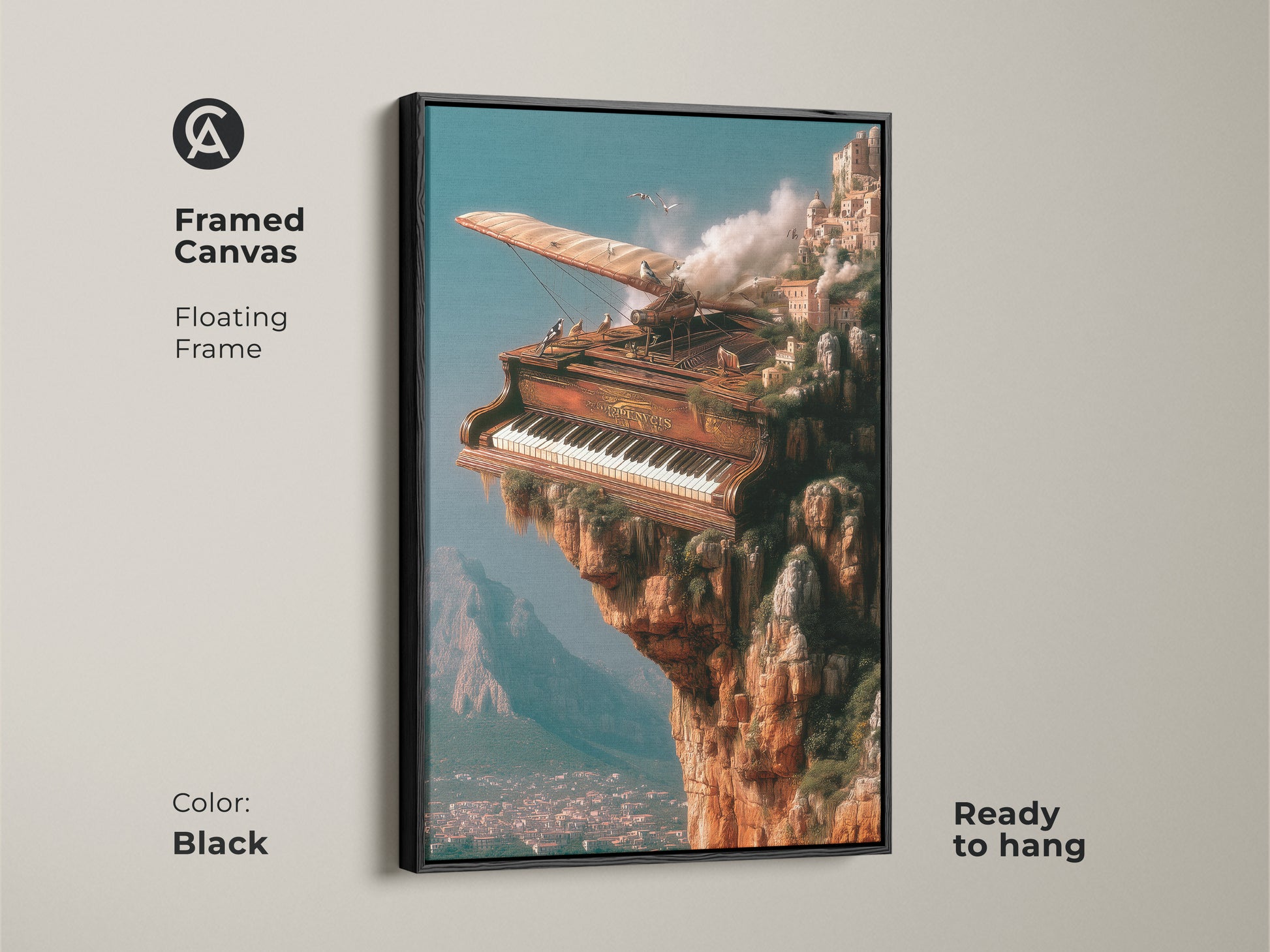 Framed canvas featuring a surreal steampunk piano cityscape. Black floating frame and ready to hang. Ideal for those who love eclectic home decor or unique gifts for musicians. The cliffside musical artwork adds artistic flair to any space.
