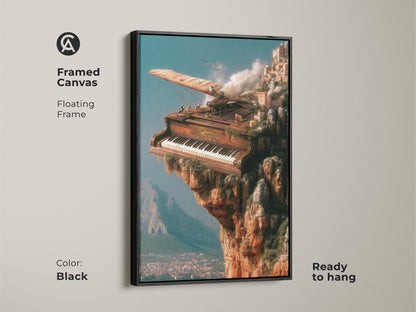 Framed canvas featuring a surreal steampunk piano cityscape. Black floating frame and ready to hang. Ideal for those who love eclectic home decor or unique gifts for musicians. The cliffside musical artwork adds artistic flair to any space.