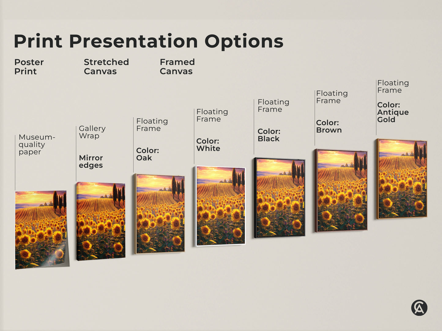 Explore presentation options for this stunning sunflower field canvas. Choose from poster print to stretched canvas or framed canvas. Options include floating frames and museum-quality paper. Find the perfect style to showcase this vibrant floral landscape art.