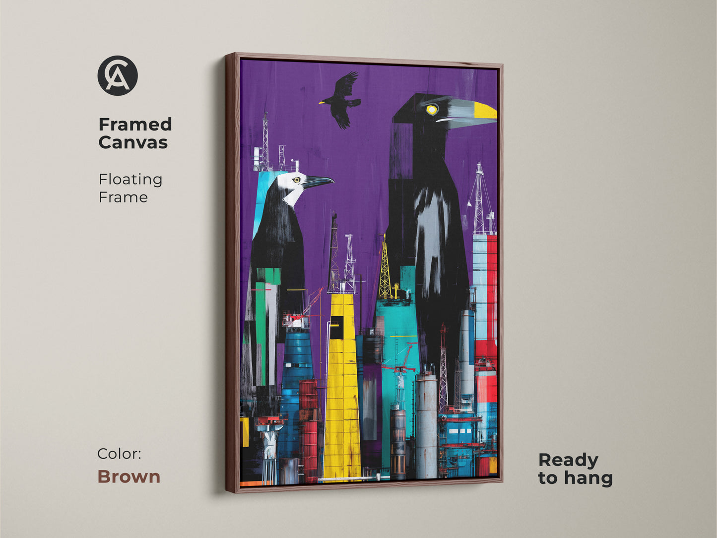 A brown framed canvas displays a surreal crow cityscape art print. This eclectic artwork shows crows and an urban cityscape. It has a vibrant purple backdrop with yellow and teal accents. Perfect for animal lovers. The canvas adds an artistic touch to any room. A modern surrealist painting ready to hang.