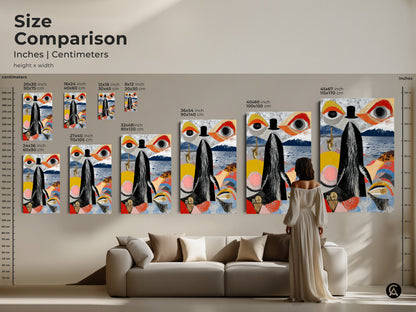Size comparison of the surreal whale saxophone artwork displayed in inches and centimeters. Available in various sizes to suit different spaces. This eclectic abstract collage art adds flair to any room. Find the perfect size for your unique surrealism artwork today. Great gift for music lovers.
