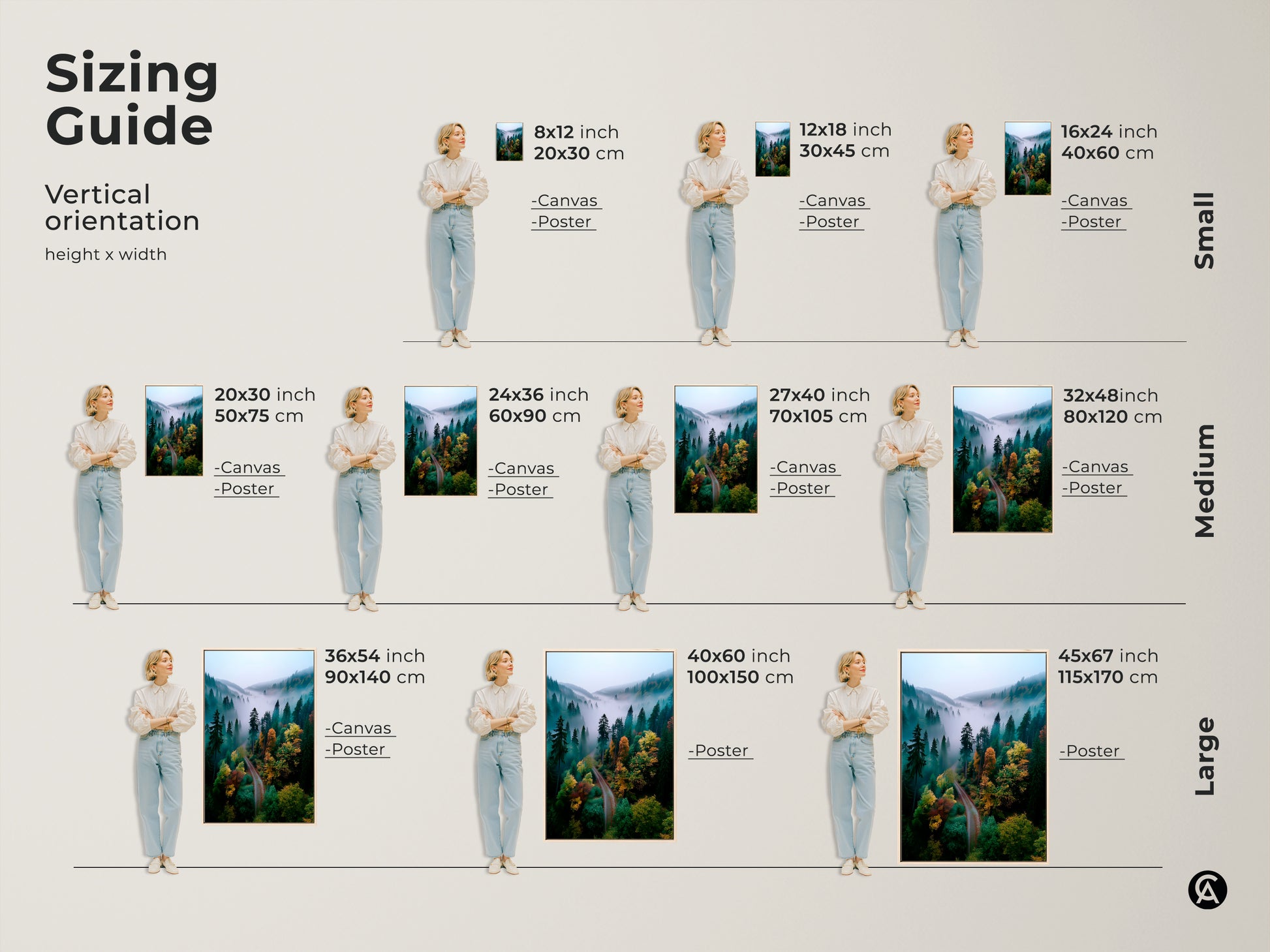Sizing guide for forest art. Vertical orientation with various height and width options. Choose from canvas or poster prints. Small medium and large sizes are available. Select the perfect size to complement your space. Transform your walls with beautiful forest art.