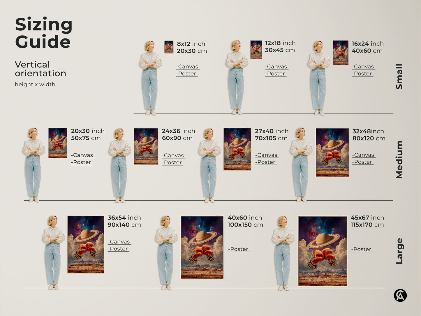 Sizing guide for vertical artwork. See the height and width. The art features boxing gloves. Saturn in space. It’s available in canvas and poster prints. Choose from small medium or large. Find the perfect fit for your space.