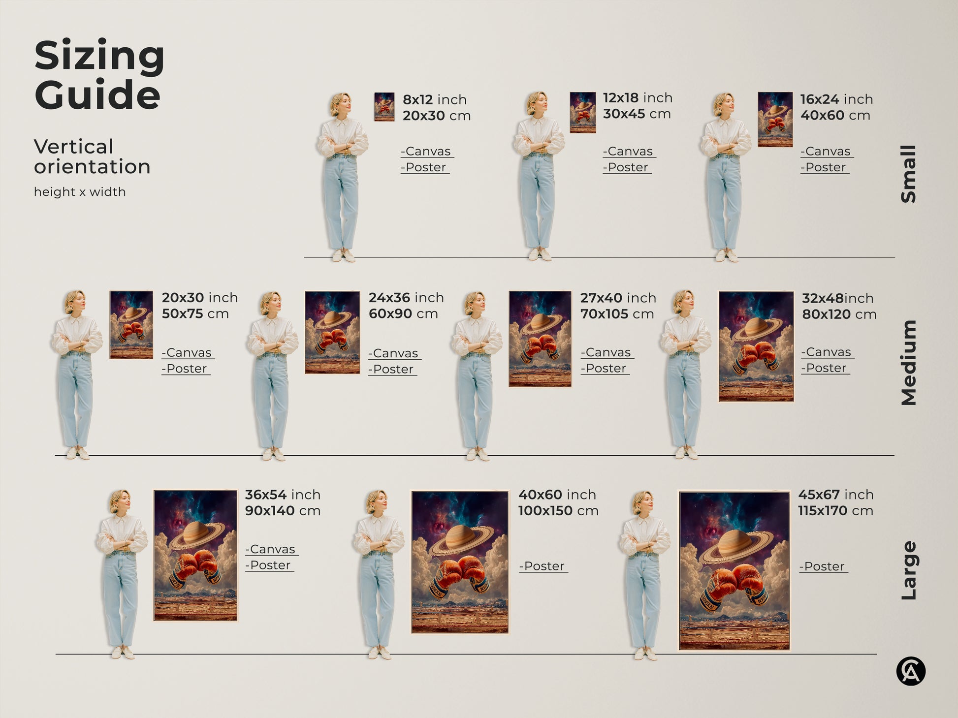 Sizing guide for vertical artwork. See the height and width. The art features boxing gloves. Saturn in space. It’s available in canvas and poster prints. Choose from small medium or large. Find the perfect fit for your space.