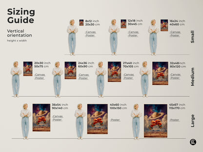 Sizing guide for vertical artwork. See the height and width. The art features boxing gloves. Saturn in space. It’s available in canvas and poster prints. Choose from small medium or large. Find the perfect fit for your space.