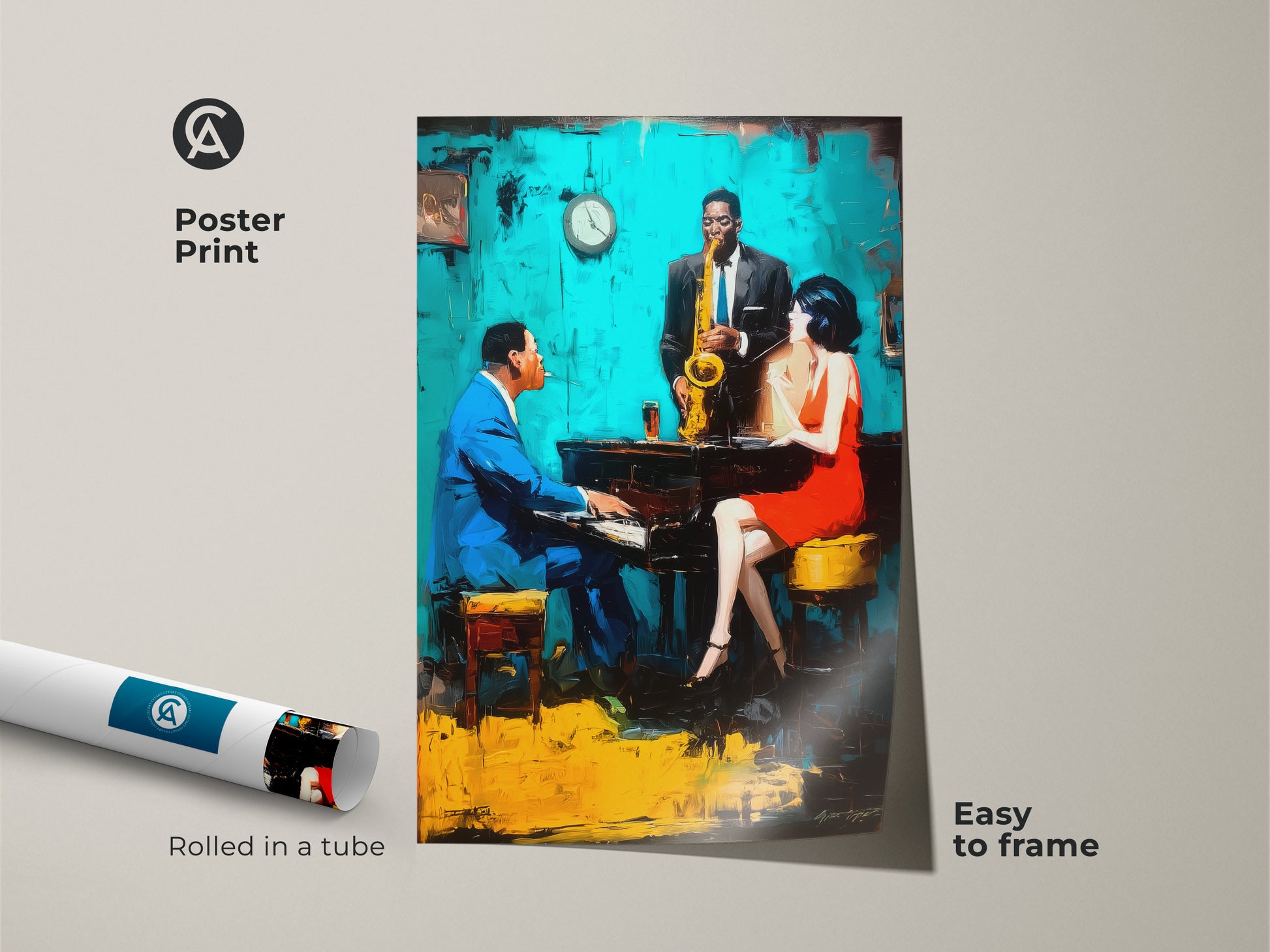 Get this vibrant jazz club scene as a poster print. Rolled in a tube for easy framing this artwork captures the energy of live music. Featuring a pianist saxophonist and singer it brings a touch of culture to any room. Buy now and frame your style!