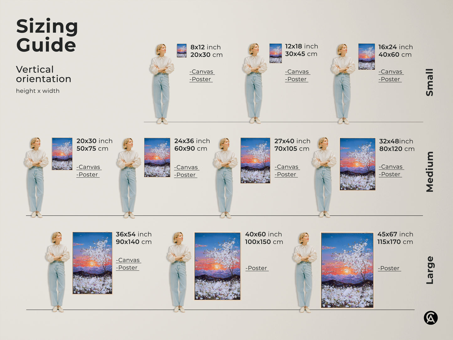 Sizing guide showing vertical orientation artwork. Canvas and poster prints in small medium and large sizes. Find the perfect fit for your space with this sunset landscape art.