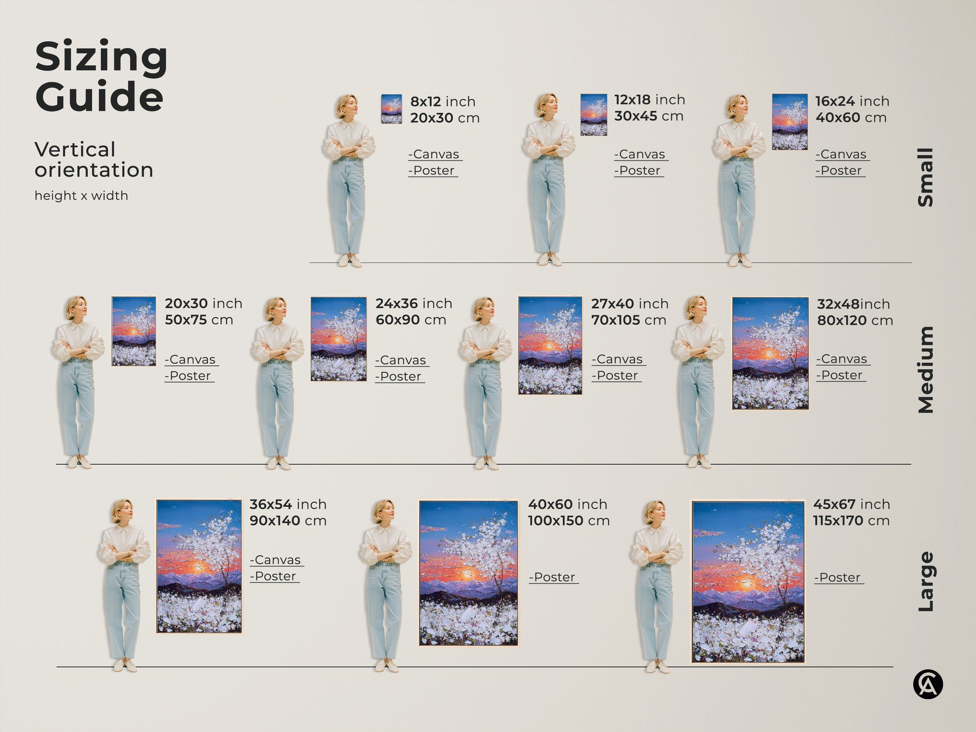 Sizing guide showing vertical orientation artwork. Canvas and poster prints in small medium and large sizes. Find the perfect fit for your space with this sunset landscape art.