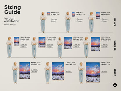 Sizing guide showing vertical orientation artwork. Canvas and poster prints in small medium and large sizes. Find the perfect fit for your space with this sunset landscape art.
