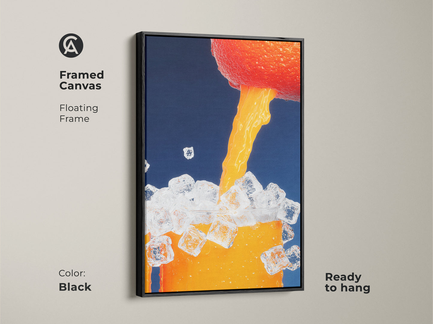 Framed canvas features abstract orange juice artwork. The floating black frame adds a sleek contemporary touch. Ready to hang this modern kitchen art will enhance your decor. Perfect for beverage art enthusiasts.