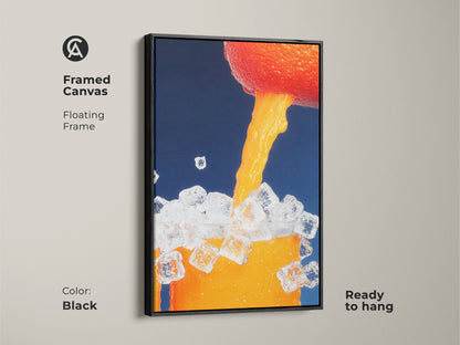 Framed canvas features abstract orange juice artwork. The floating black frame adds a sleek contemporary touch. Ready to hang this modern kitchen art will enhance your decor. Perfect for beverage art enthusiasts.
