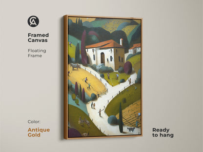 Framed canvas with a floating antique gold frame showcasing folk art farmhouse artwork. The yellow orange green rural art enhances this stylized countryside scene. The pastoral landscape canvas is ready to hang. It is perfect as residential wall decor. A charming piece of art for new homeowners.