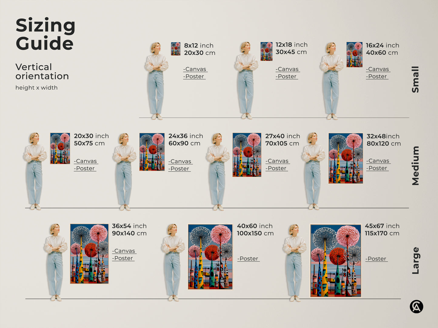 Sizing guide for vertical mid-century modern art print. Displayed are options for canvas & poster in small medium & large. Retro botanical dandelions meet an abstract industrial cityscape in this colorful wall art.