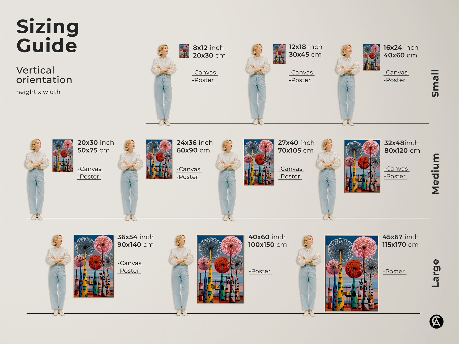 Sizing guide for vertical mid-century modern art print. Displayed are options for canvas & poster in small medium & large. Retro botanical dandelions meet an abstract industrial cityscape in this colorful wall art.