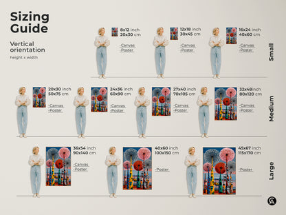 Sizing guide for vertical mid-century modern art print. Displayed are options for canvas & poster in small medium & large. Retro botanical dandelions meet an abstract industrial cityscape in this colorful wall art.