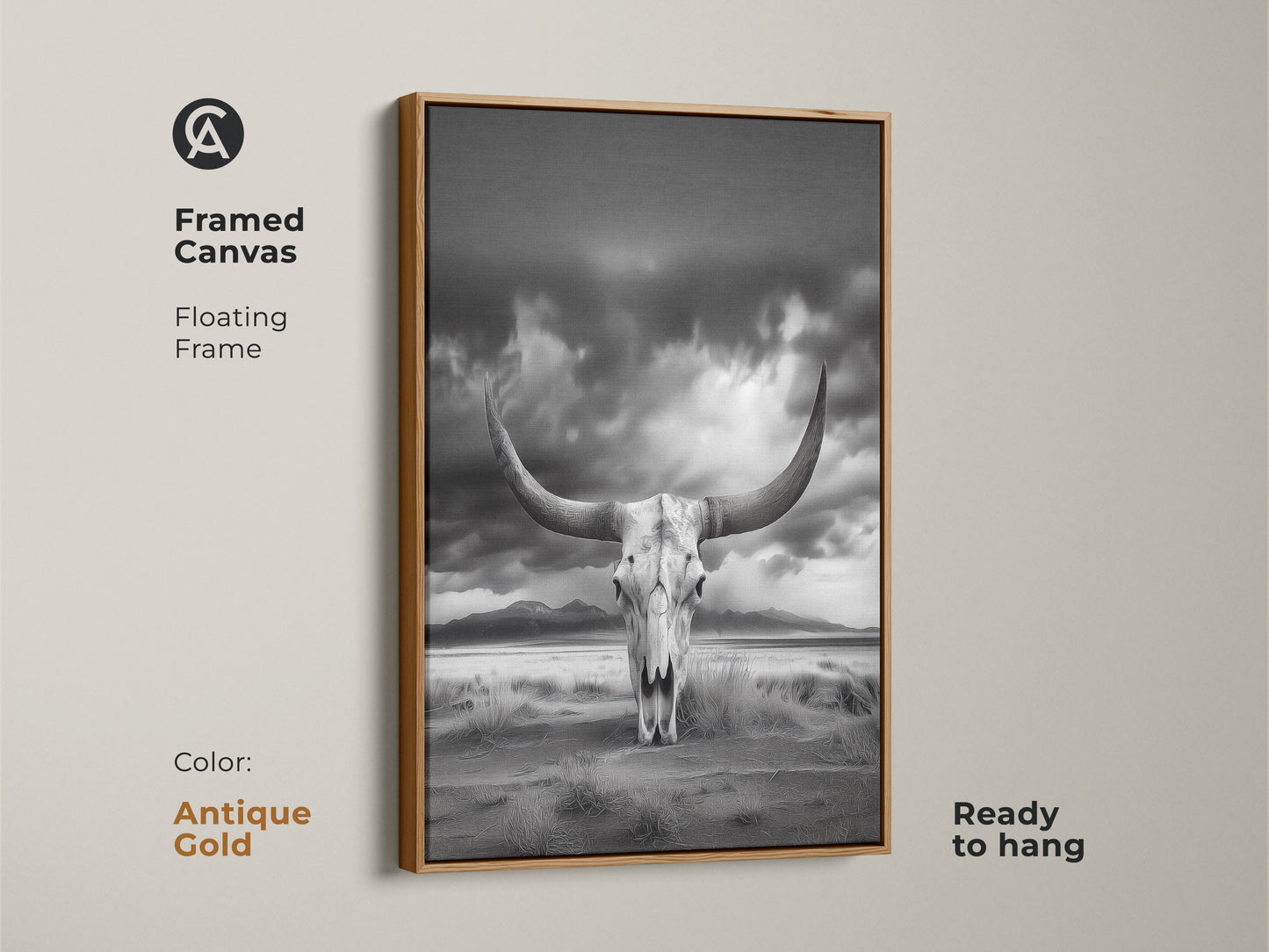 Framed canvas displaying a longhorn skull in a desert setting. This antique gold framed art adds a rustic western touch. The monochrome animal skull artwork is ready to hang. Perfect as a cowboy gift for him. This minimalist western art enhances your home.