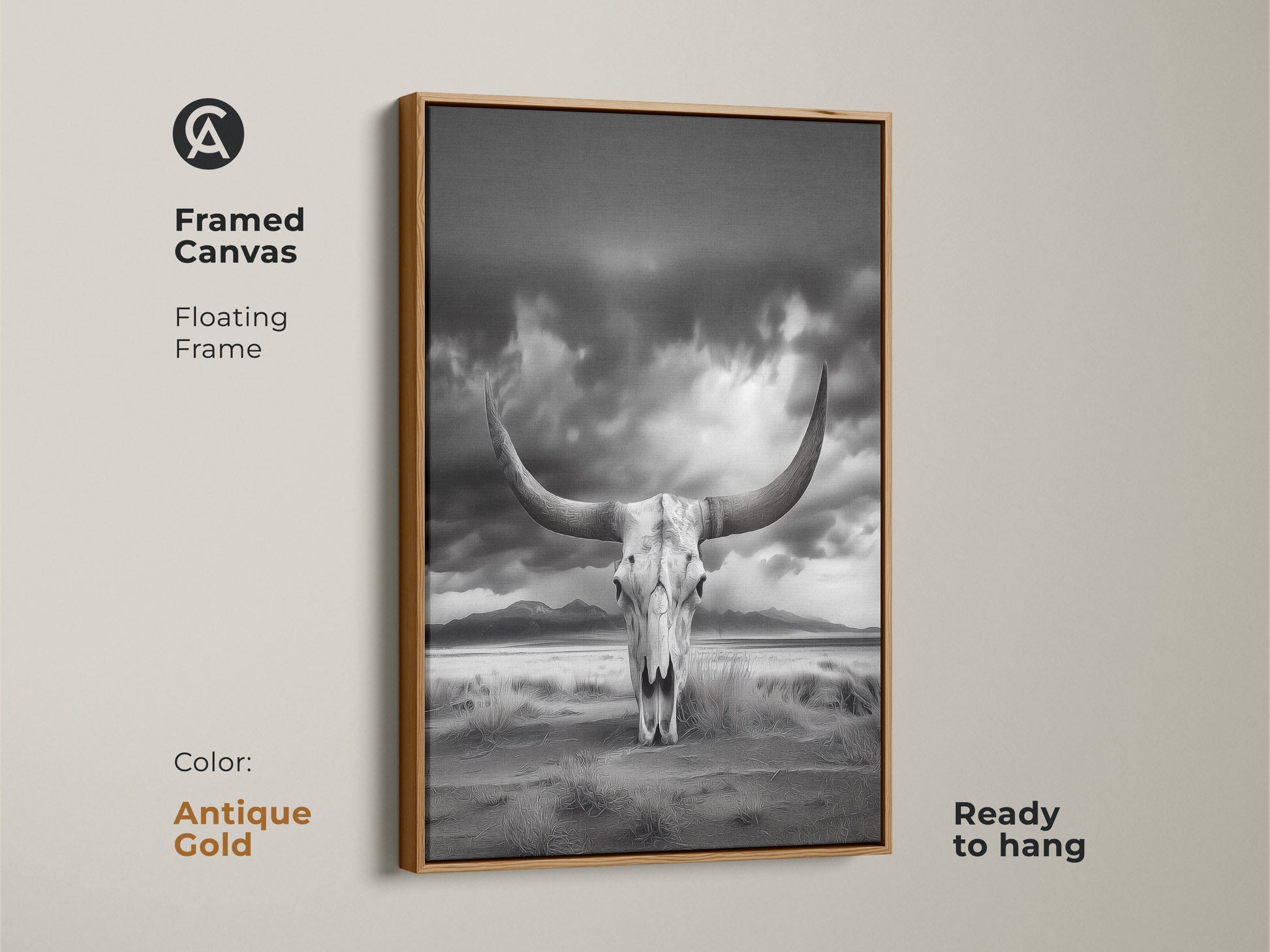 Framed canvas displaying a longhorn skull in a desert setting. This antique gold framed art adds a rustic western touch. The monochrome animal skull artwork is ready to hang. Perfect as a cowboy gift for him. This minimalist western art enhances your home.