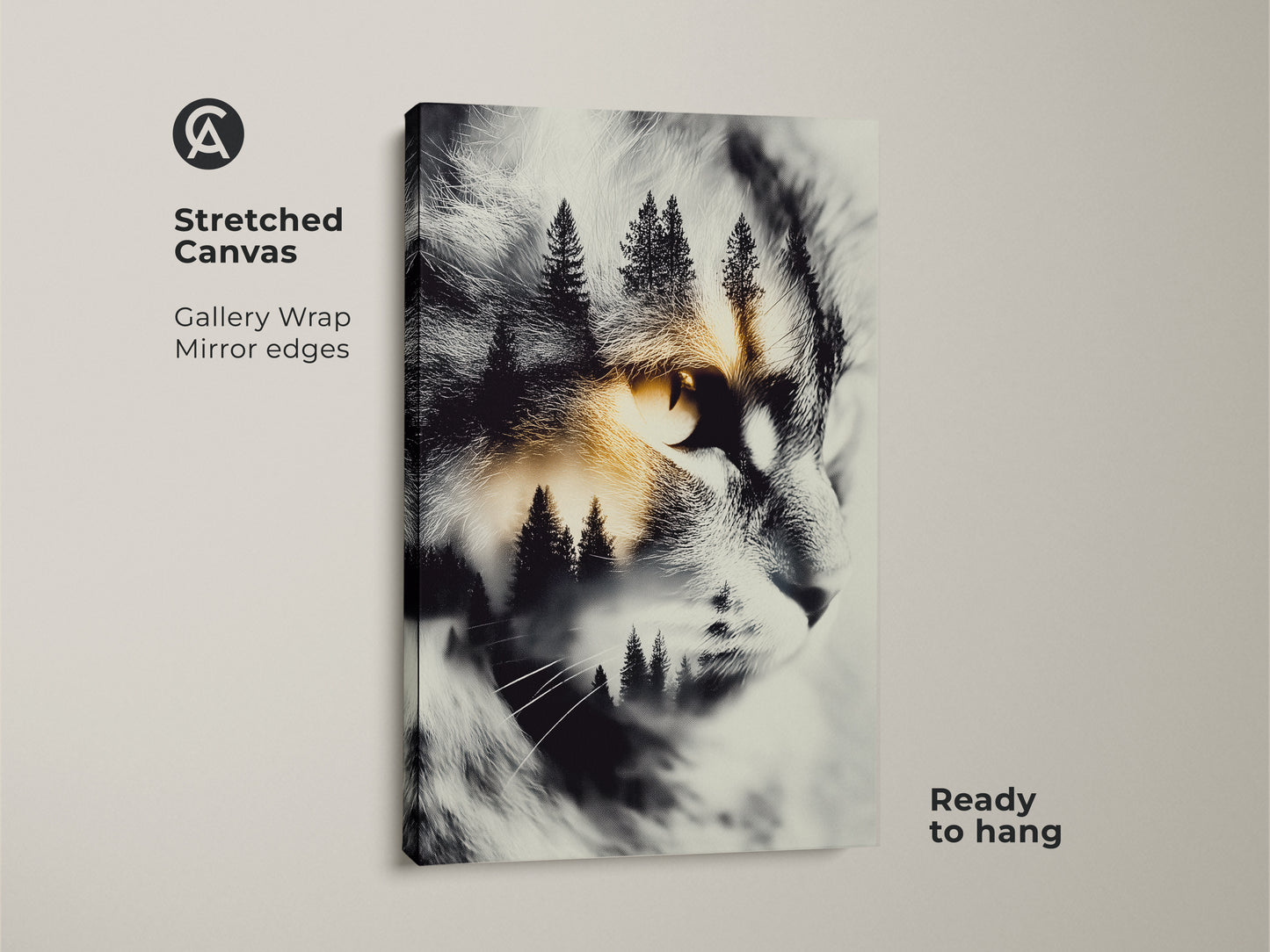 Stretched canvas cat artwork. It features a cat's face with a forest scene inside. The artwork is ready to hang. It is a unique animal art for cat lovers with gallery wrapped mirror edges.