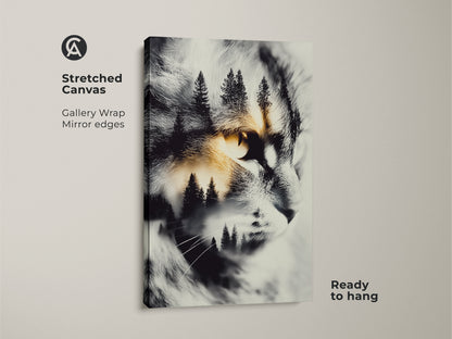 Stretched canvas cat artwork. It features a cat's face with a forest scene inside. The artwork is ready to hang. It is a unique animal art for cat lovers with gallery wrapped mirror edges.